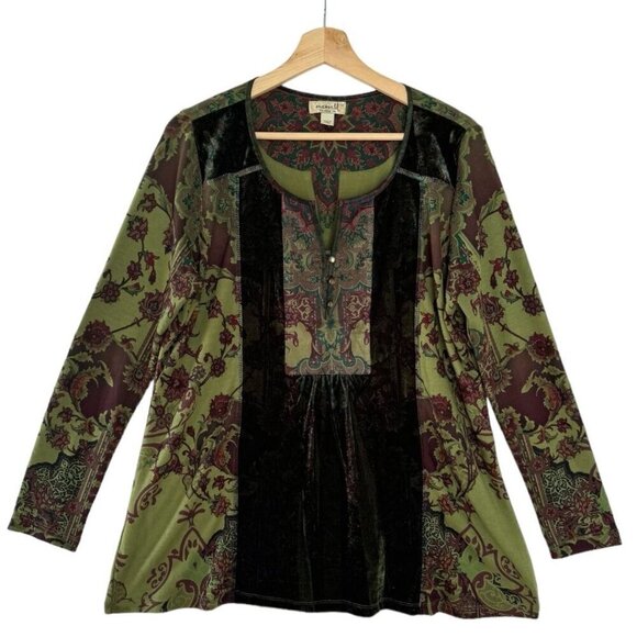 One World Emerald Green Burgundy Velvet Panel Long Sleeve Tunic Top Size 1X - Picture 1 of 10